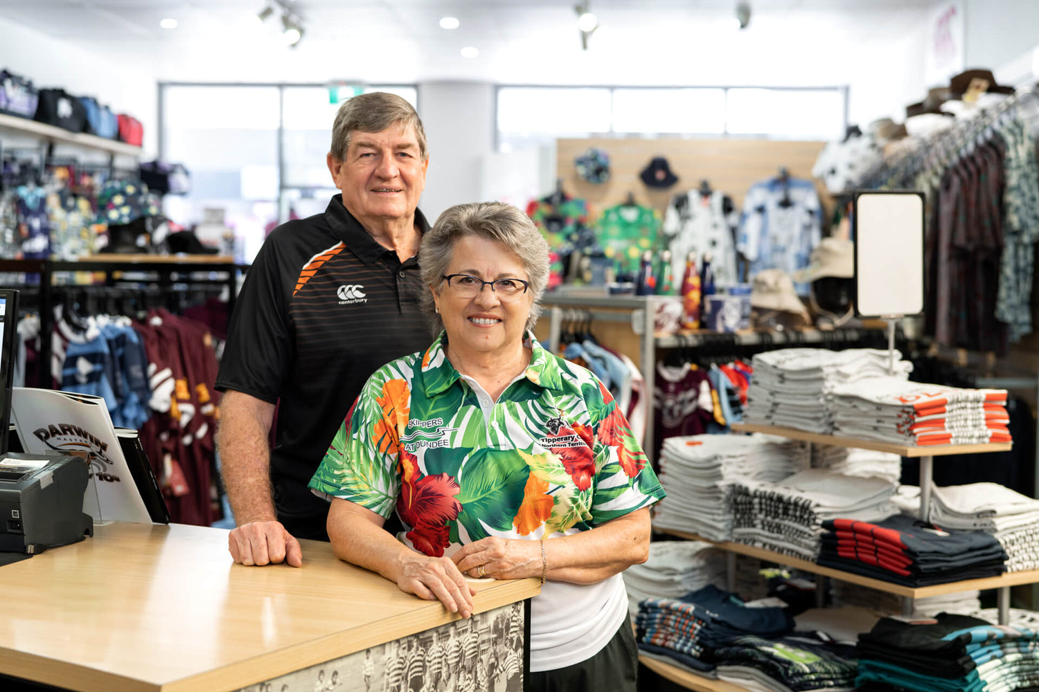 Bruce and Margaret the owners of the rugby shop